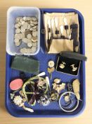 Two silver bangles, assorted costume jewellery, cufflinks, coins, etc.