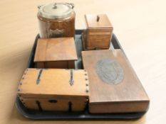 An oak and EPNS biscuit barrel, together with other treen items including a miniature coffer,