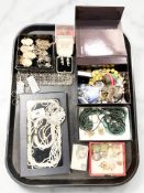 A collection of costume jewellery, pair of silver marcasite earrings, simulated pearls,