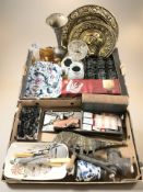 A group of metal wares, cutlery, ceramics, stoneware items, Chinese crackle glazed vase, mincer,