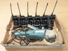 A group of walkie talkies, electric buffer, etc.