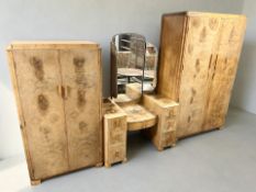 An Art Deco figured walnut three piece bedroom suite comprising of double door wardrobe,