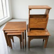 A reproduction yew wood nest of tables, width 56 cm, a further lamp table and a magazine table.