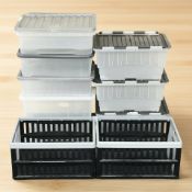 A quantity of plastic storage boxes with lids, longest 60 cm.