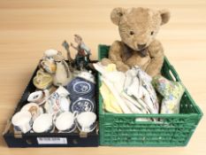 A large teddy bear, various soft goods, blue and white and other ceramics, etc.