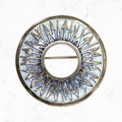 A Sheila Fleet Scottish silver and enamel circular brooch, decorated with runes, diameter 3.
