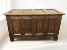 A large George III panelled oak blanket chest, 147 cm x 70 cm x 85 cm.