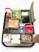 A collection of costume jewellery, silver wristwatch, cuff links,