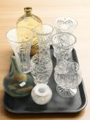 A Mdina mottled green glass vase, a further amber glass bottle vase,