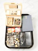 A collection of costume jewellery, white metal filigree items, coins, various earrings,