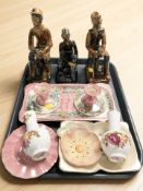 A group of Maling Peony Rose dressing table items, three treacle glazed stoneware figures of miners,