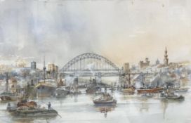 Tom MacDonald : Shipping on The Tyne with the Bridges Beyond, watercolour, signed, 34 cm x 52 cm,