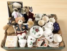 A group of soft toys, Royal Standard red velvet tea china, other ceramics and glass wares.