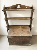 A beech wall shelf and a 19th century oak chest, width 49 cm.