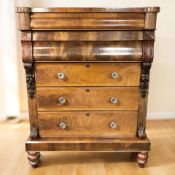 A Victorian mahogany five drawer Scotch chest on turned feet, 128 cm x 58 cm x 162 cm.