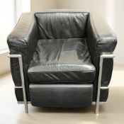 After Le Corbusier : A modern Cassina LC2 chrome and black leather armchair, width 80 cm.