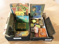 A collection of vintage board games, French chess set, playing cards, draughts and glass marbles,