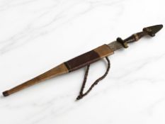An African dagger, with 29 cm tapering steel blade, with leather work grip and scabbard.