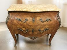 A French Louis XV-style kingwood veneered and satinwood inlaid serpentine bombe two drawer chest
