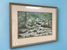 June Colvin : Waterfall by rocks, pastel drawing, 44 cm x 28 cm.