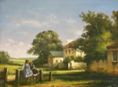 Graham Ison : Two children by a cottage, oil on canvas, Tallantyre Gallery label verso,