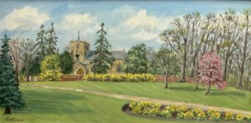 June Colvin : Study of a church, oil on canvas, 60 cm x 30 cm.