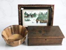 An antique mahogany box, together with a treen bowl and a Chinese mosaic panel.