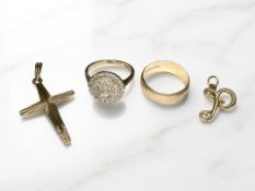 A 9ct gold cluster ring, a band ring,