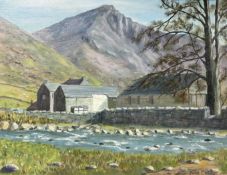 June Colvin : Farmyard by a river, oil on canvas, 45 cm x 35 cm.