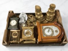 A box of contemporary clocks, wall brackets, Aynsley mantel clock, etc.