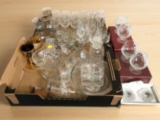 Four boxes of crystal, ceramics, tea china, decanters,