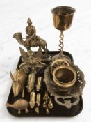 A tray of brass including figural door stop, animal ornaments, eagle figure, etc.