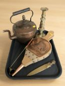 A Victorian copper kettle, a brass candle stick, modern set of fire bellows,