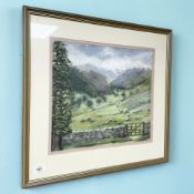 June Colvin : Valley landscape, pastel drawing, 39 cm x 35 cm.