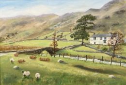 June Colvin : Farmstead by a bridge, oil on canvas, 50 cm x 34 cm.