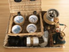 A box containing a small wicker hamper, coffee grinder, four shoeless Joe bowls,