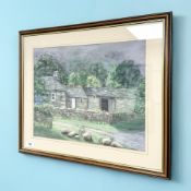 June Colvin : Cottage and barn by woodland, pastel drawing, 43 cm x 34 cm.