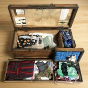 An antique pine box with brass lock and a Victorian sewing box