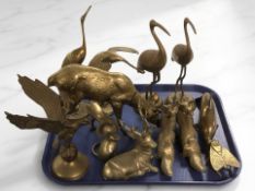 A tray of brass animal figures, foxes, deer, eagle, etc.