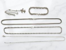 Three sterling silver necklaces, together with two sterling silver bracelets.