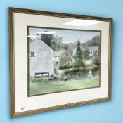 June Colvin : Study of cottages, pastel drawing, 42 cm x 33 cm.