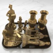 A tray of brass including figures, a gentleman playing an accordion, pair of vases, etc.