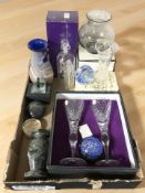 Assorted glass wares including a boxed pair of Studio Lakeland lead crystal wine glasses,