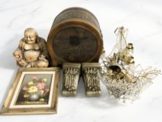 A small still life oil on canvas, ceramic figure of Buddha, light fittings, other ornaments,