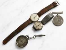 A lady's silver fob watch, a gent's vintage stainless steel wristwatch signed 'J W Benson, London',