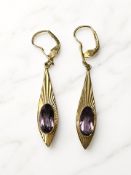A pair of yellow gold amethyst drop earrings, stamped 375, length 4.