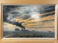 M Woodmass (20th Century) : View across a landscape at sunset with smokestack burning beyond,