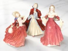 Three Royal Doulton figures : Lady Sarah Jane HN4793, Rachel HN2936 & Autumn Breezes HN1934.