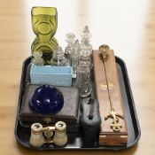 A brass nautical candle snuffer, together with opera glasses, various glass, coloured glass vase,