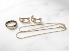 A 9ct gold chain, a pair of earrings,